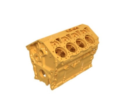 Rebuilt cylinder block in yellow for engine repair and performance upgrades.